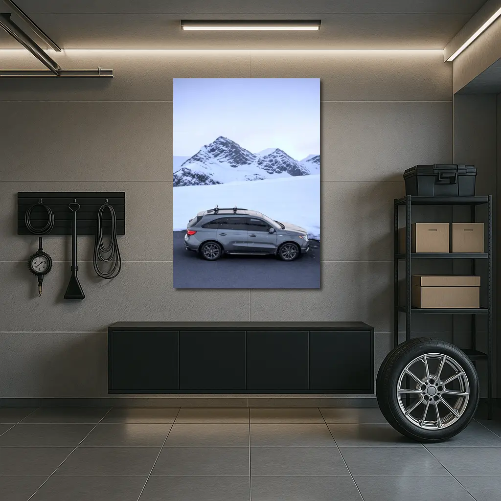 Acura MDX Gray SUV Snowy Mountain Backdrop – Wall Art