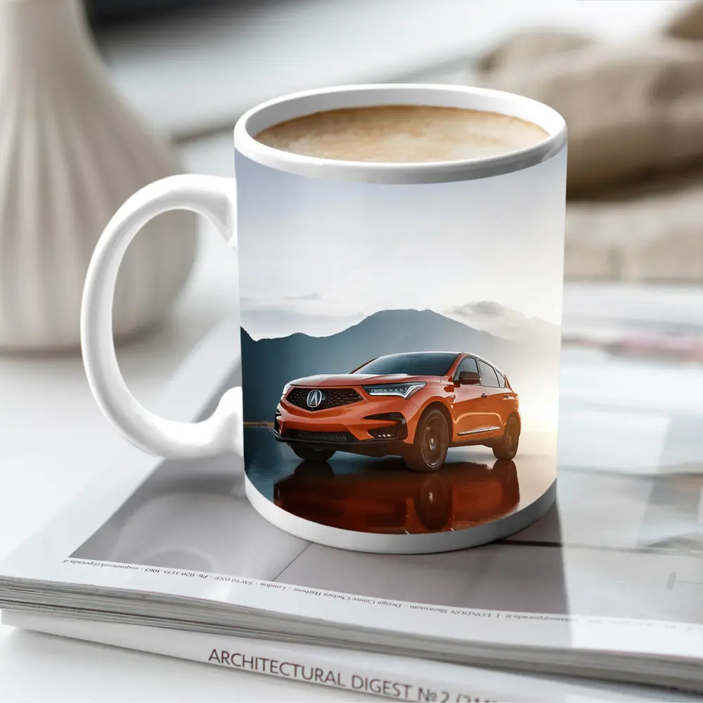 Acura RDX Orange SUV Mountain Lake Reflection – Mugs