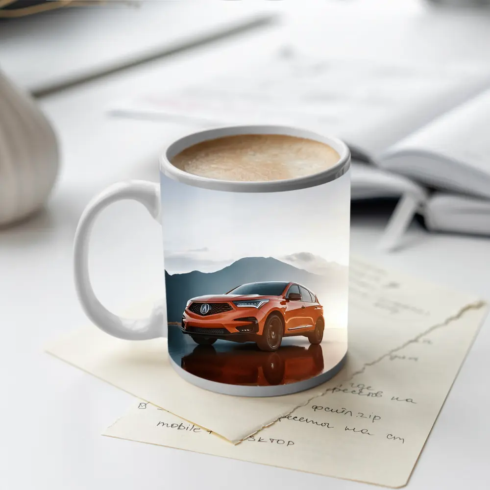 Acura RDX Orange SUV Mountain Lake Reflection – Mugs