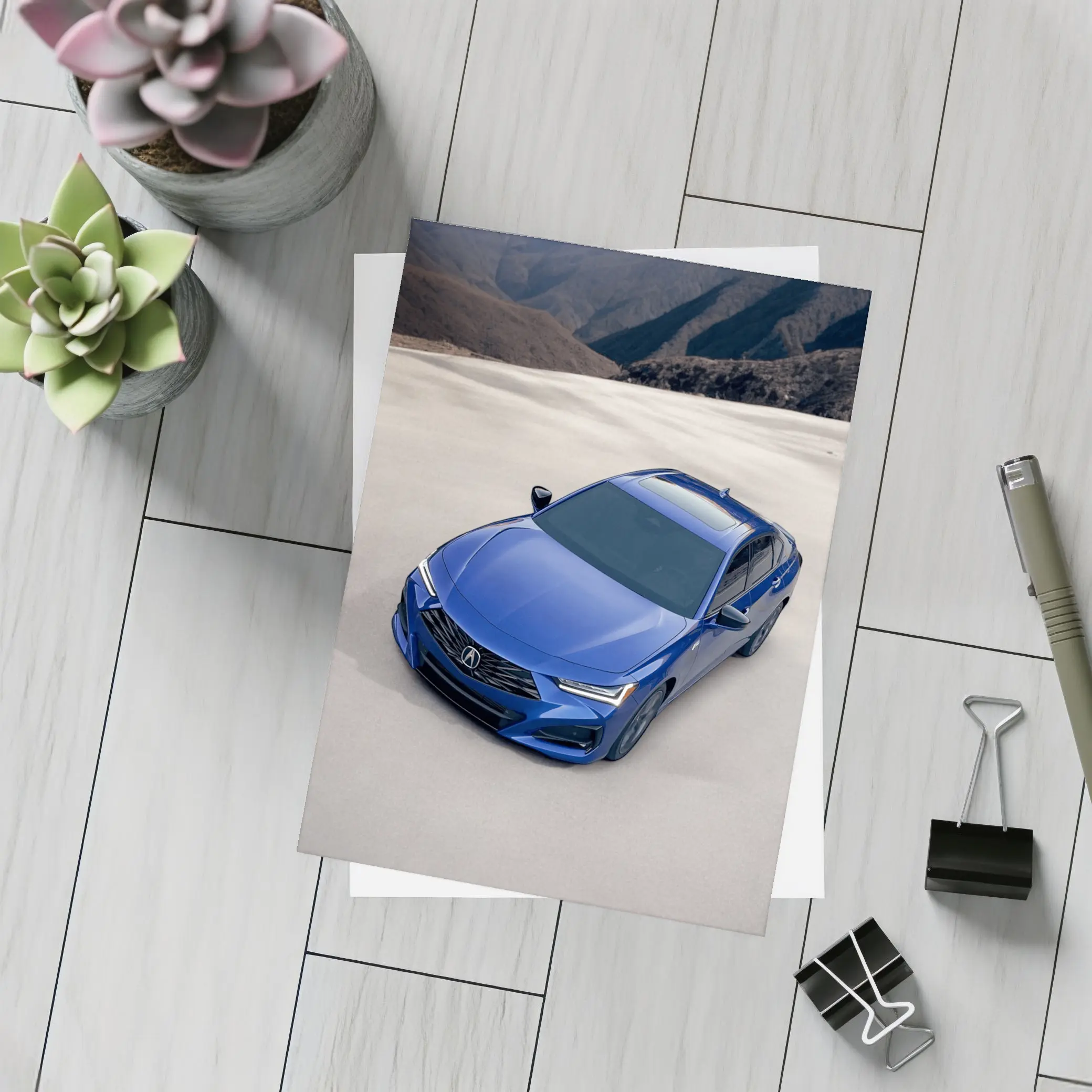 Acura TLX Blue Sedan Desert Mountain Background – Postcards