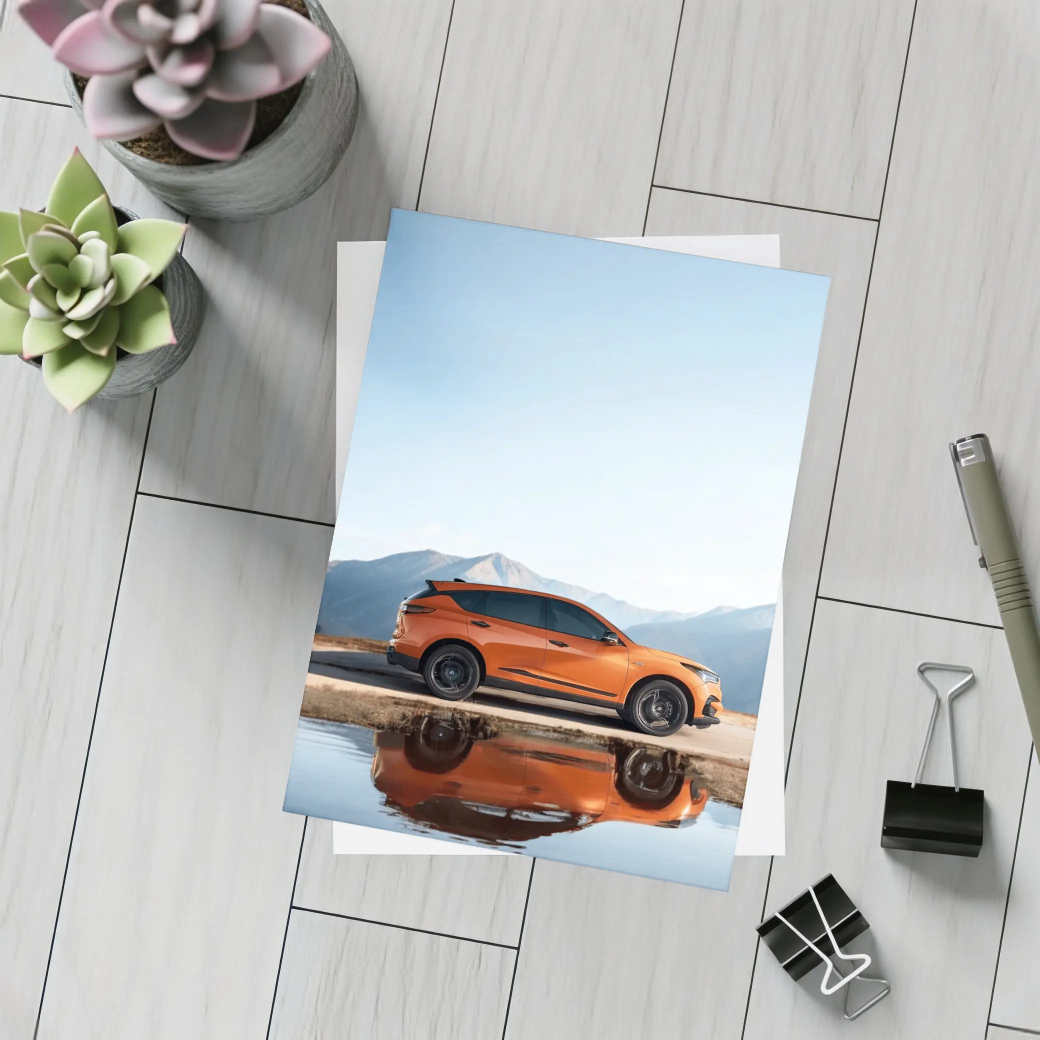 Acura MDX Orange SUV Mountain Reflection – Postcards