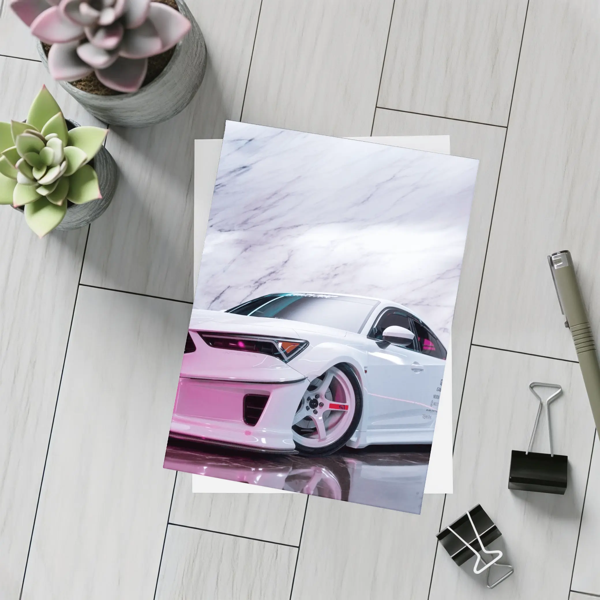 White Acura Wide Body Car Marble Background – Postcards