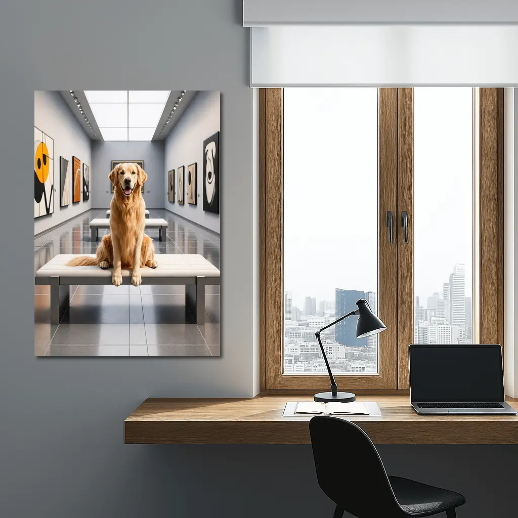 Golden Retriever Sitting Inside Modern Art Gallery – Wall Art