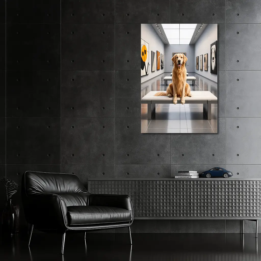 Golden Retriever Sitting Inside Modern Art Gallery – Wall Art