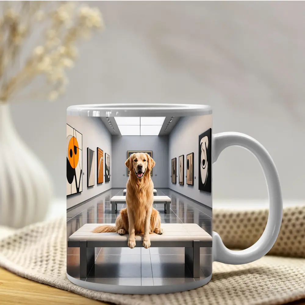Golden Retriever Sitting Inside Modern Art Gallery – Mugs