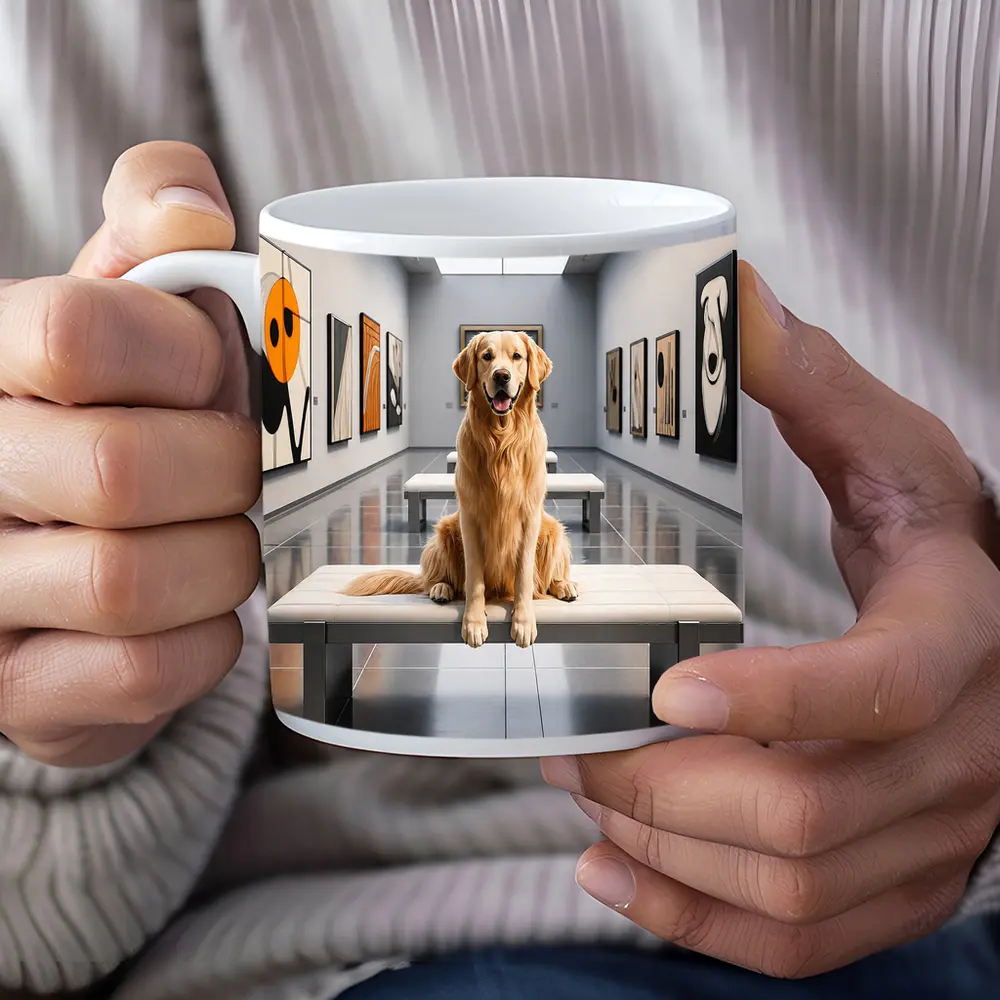 Golden Retriever Sitting Inside Modern Art Gallery – Mugs
