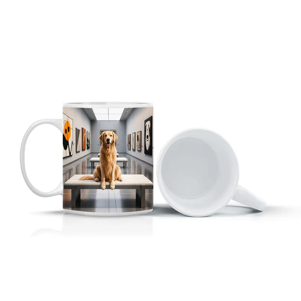 Golden Retriever Sitting Inside Modern Art Gallery – Mugs