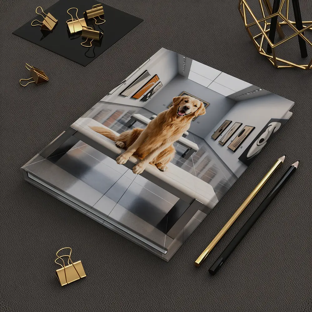 Golden Retriever Sitting Inside Modern Art Gallery – Notebooks