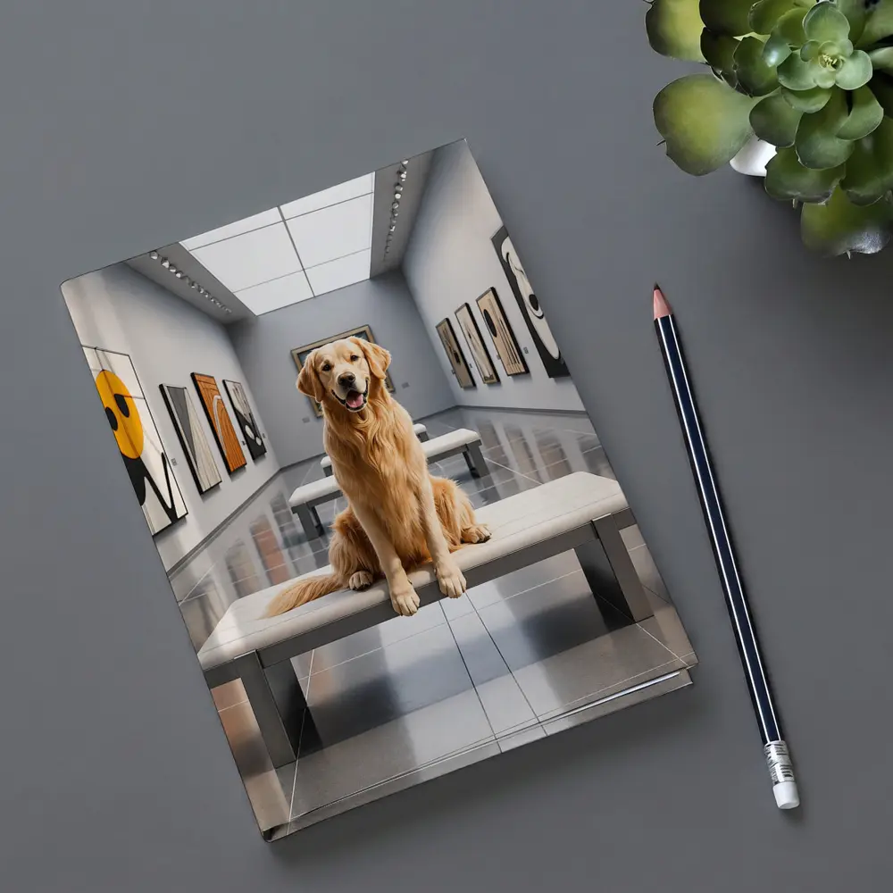 Golden Retriever Sitting Inside Modern Art Gallery – Notebooks