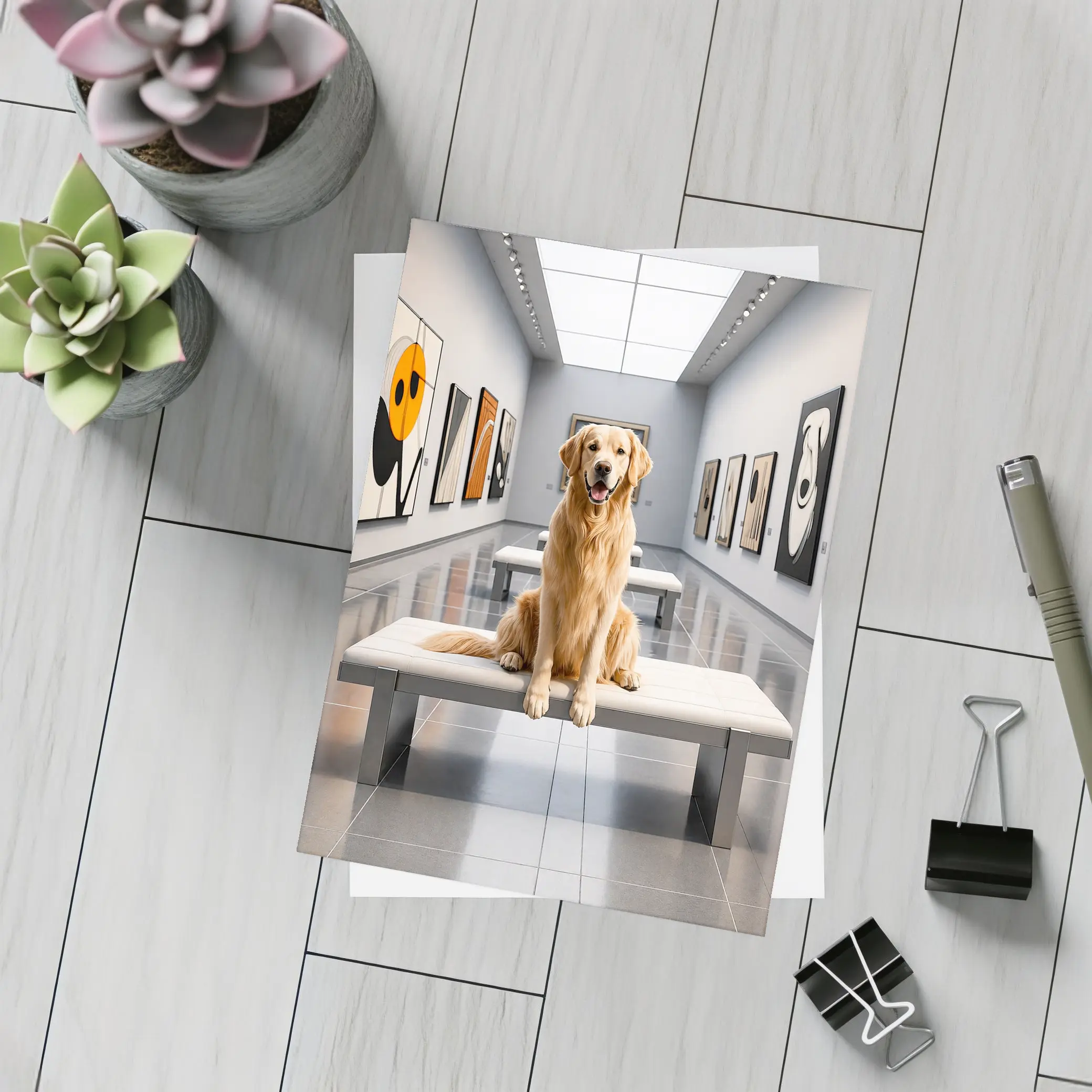 Golden Retriever Sitting Inside Modern Art Gallery – Postcards