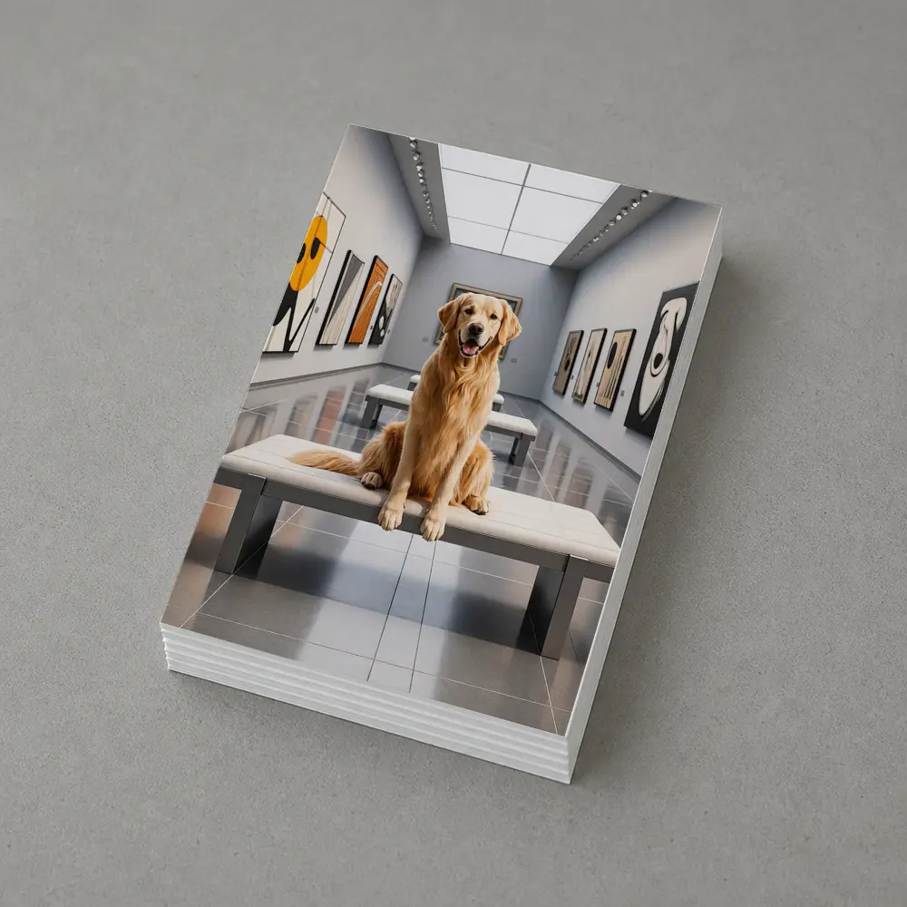 Golden Retriever Sitting Inside Modern Art Gallery – Postcards