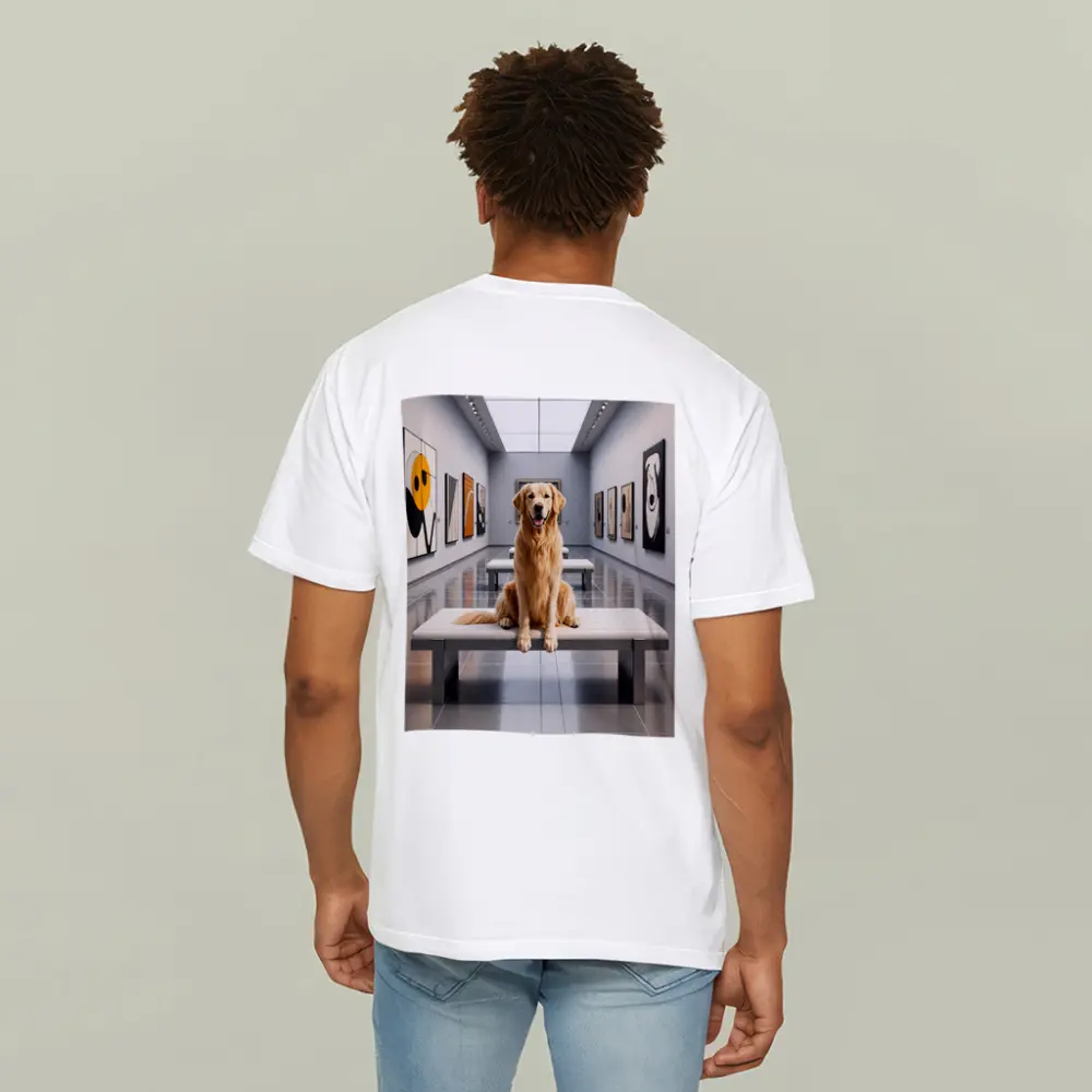 Golden Retriever Sitting Inside Modern Art Gallery – T-Shirts