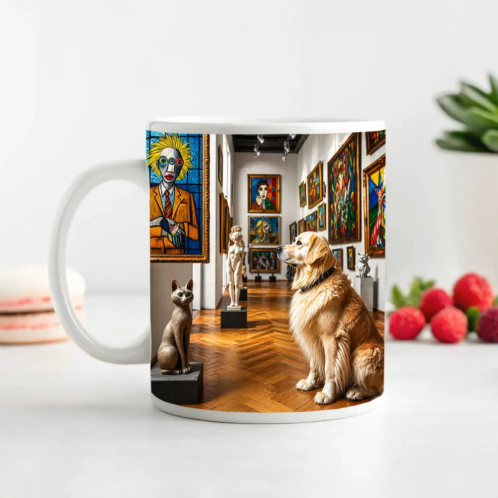Golden Retriever Dog in Colorful Art Gallery – Mugs