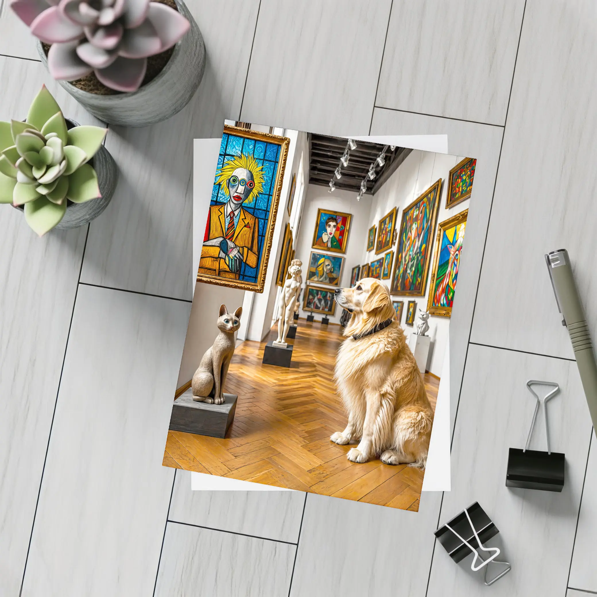 Golden Retriever Dog in Colorful Art Gallery – Postcards