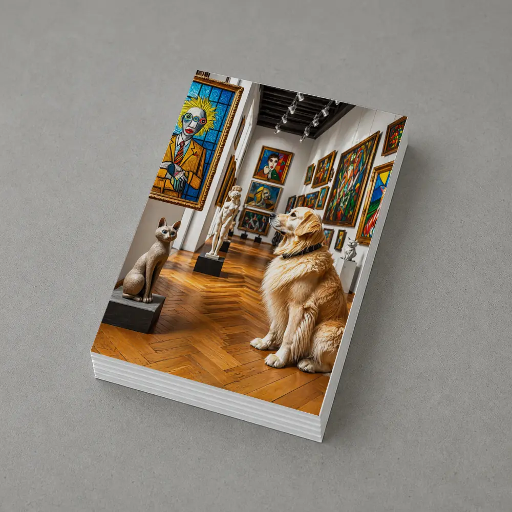 Golden Retriever Dog in Colorful Art Gallery – Postcards