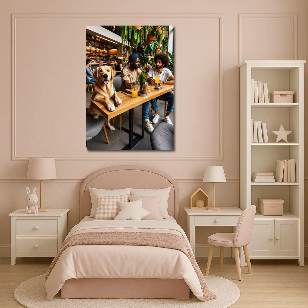 Golden Retriever Relaxing With Friends In Cafe – Wall Art