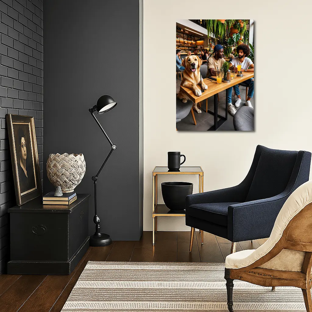 Golden Retriever Relaxing With Friends In Cafe – Wall Art