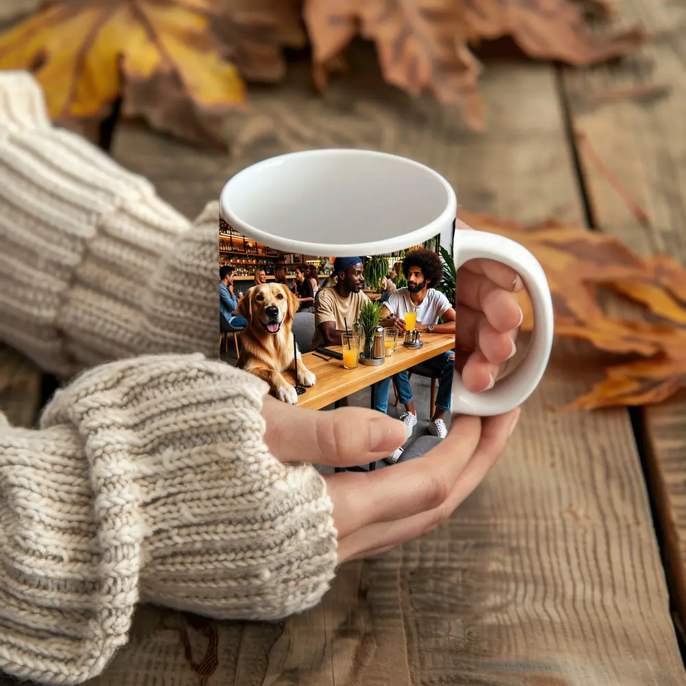 Golden Retriever Relaxing With Friends In Cafe – Mugs