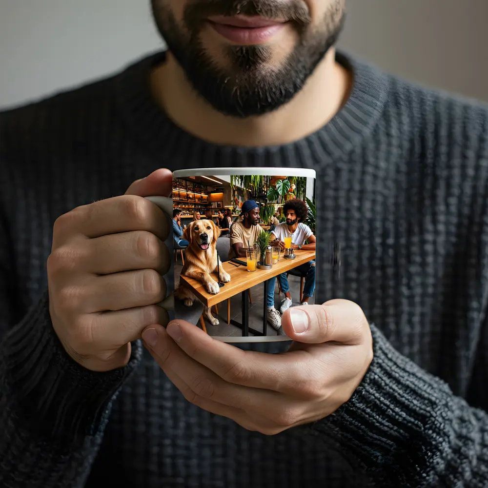 Golden Retriever Relaxing With Friends In Cafe – Mugs