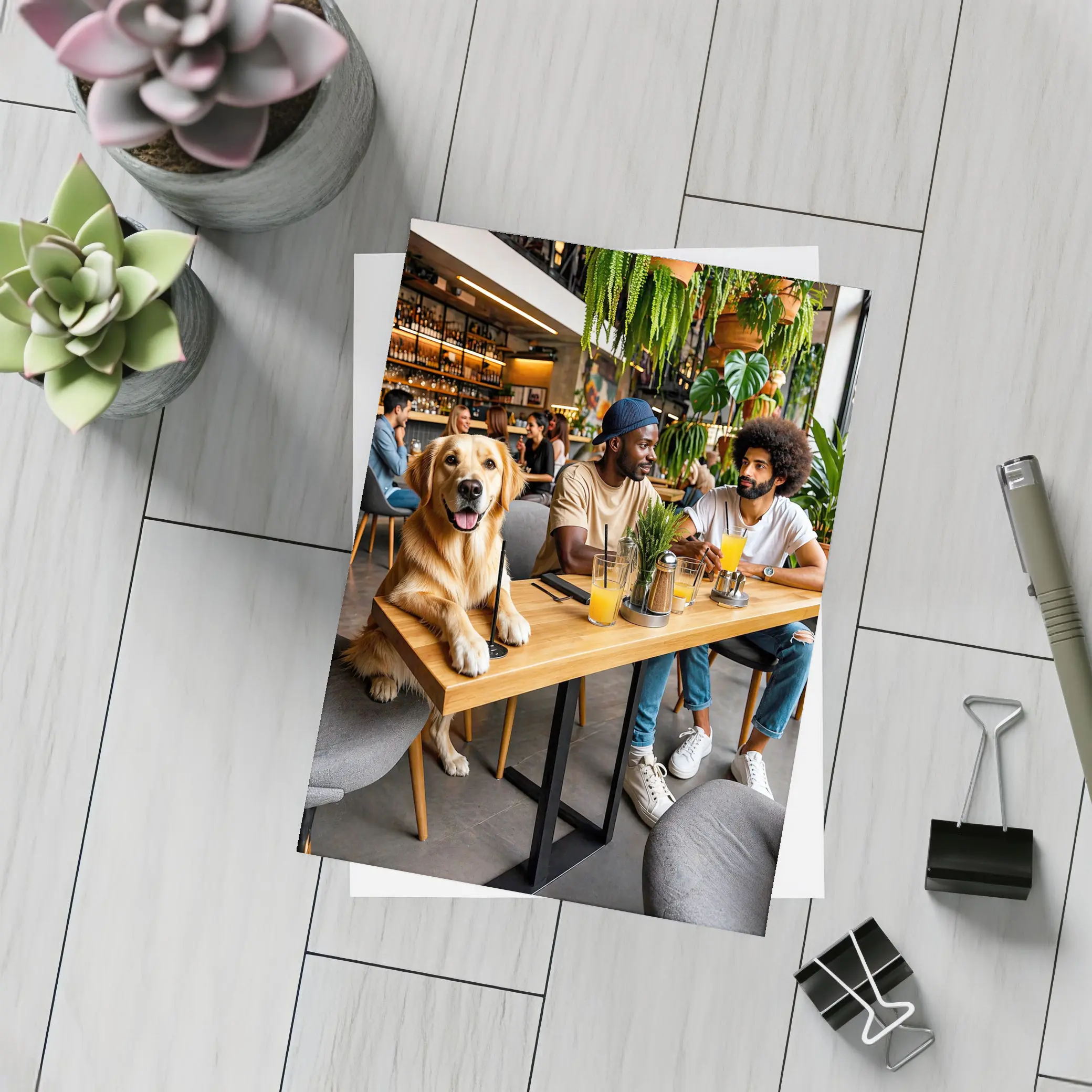 Golden Retriever Relaxing With Friends In Cafe – Postcards