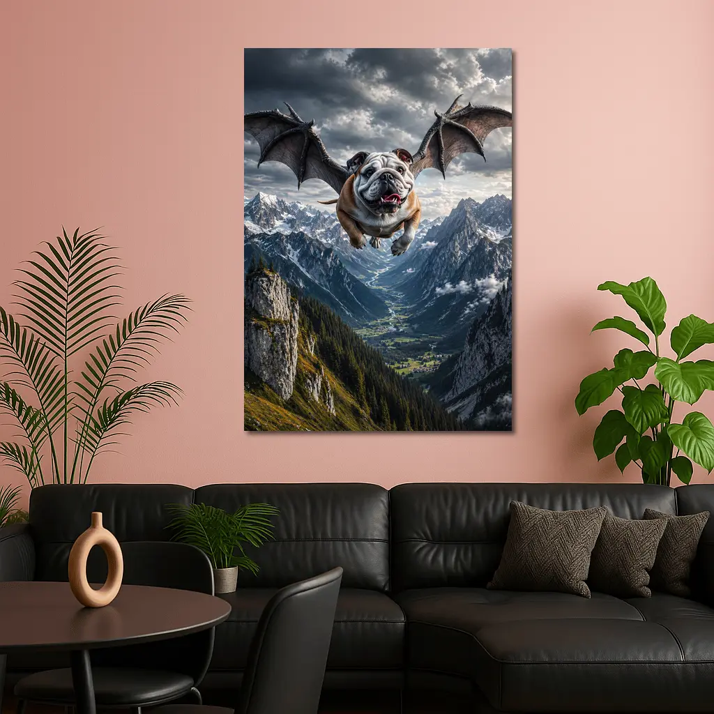 Bulldog Dragon Wings Flying Mountain Valley – Wall Art