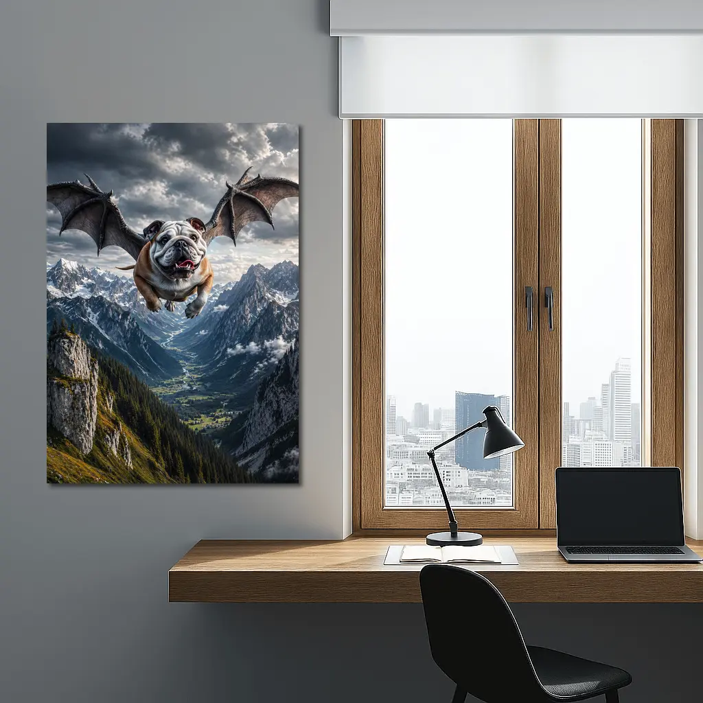 Bulldog Dragon Wings Flying Mountain Valley – Wall Art