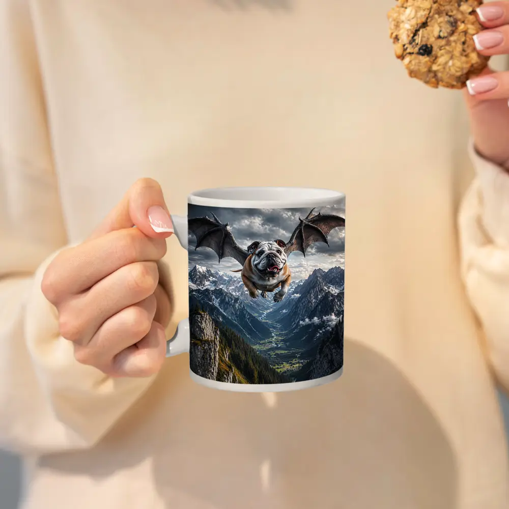 Bulldog Dragon Wings Flying Mountain Valley – Mugs