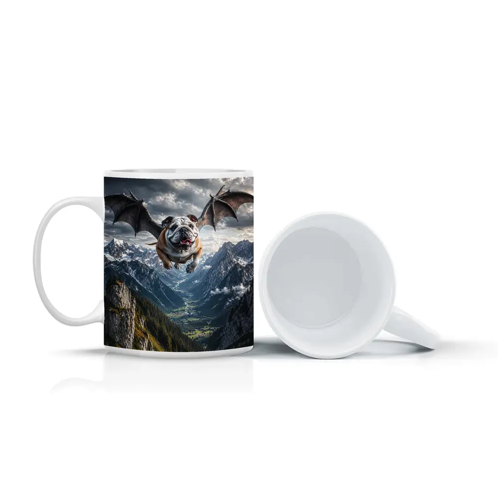 Bulldog Dragon Wings Flying Mountain Valley – Mugs