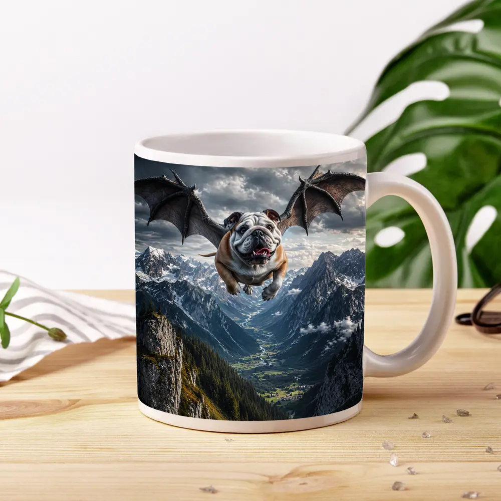 Bulldog Dragon Wings Flying Mountain Valley – Mugs