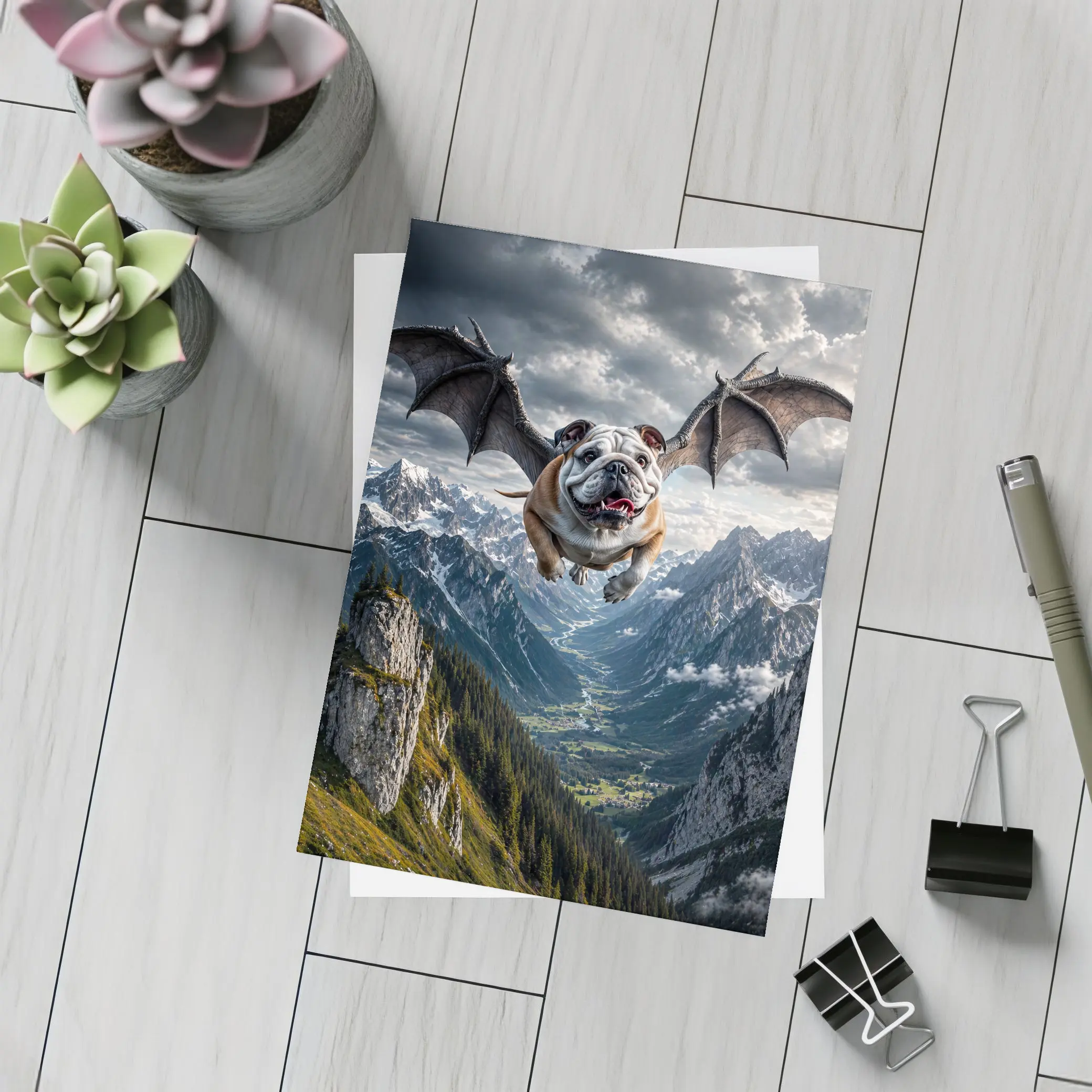 Bulldog Dragon Wings Flying Mountain Valley – Postcards