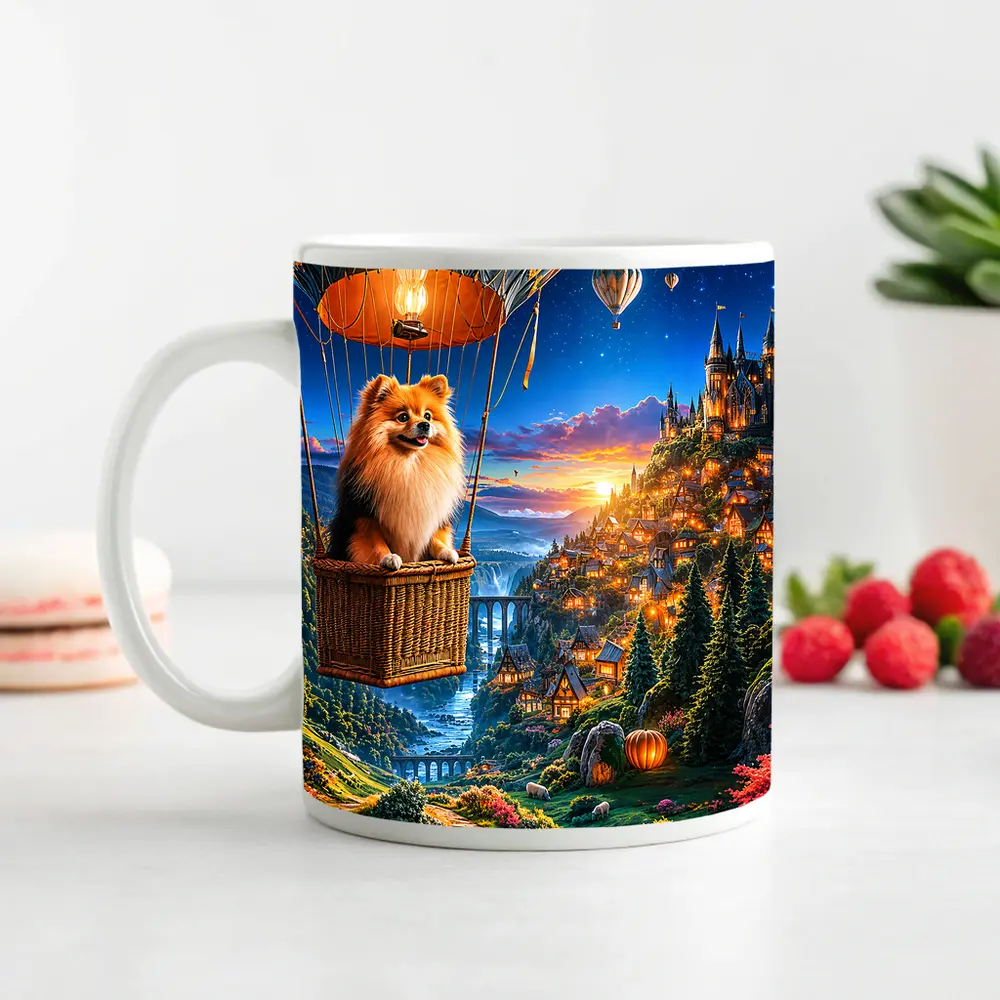 Pomeranian Dog Hot Air Balloon Fantasy Castle – Mugs