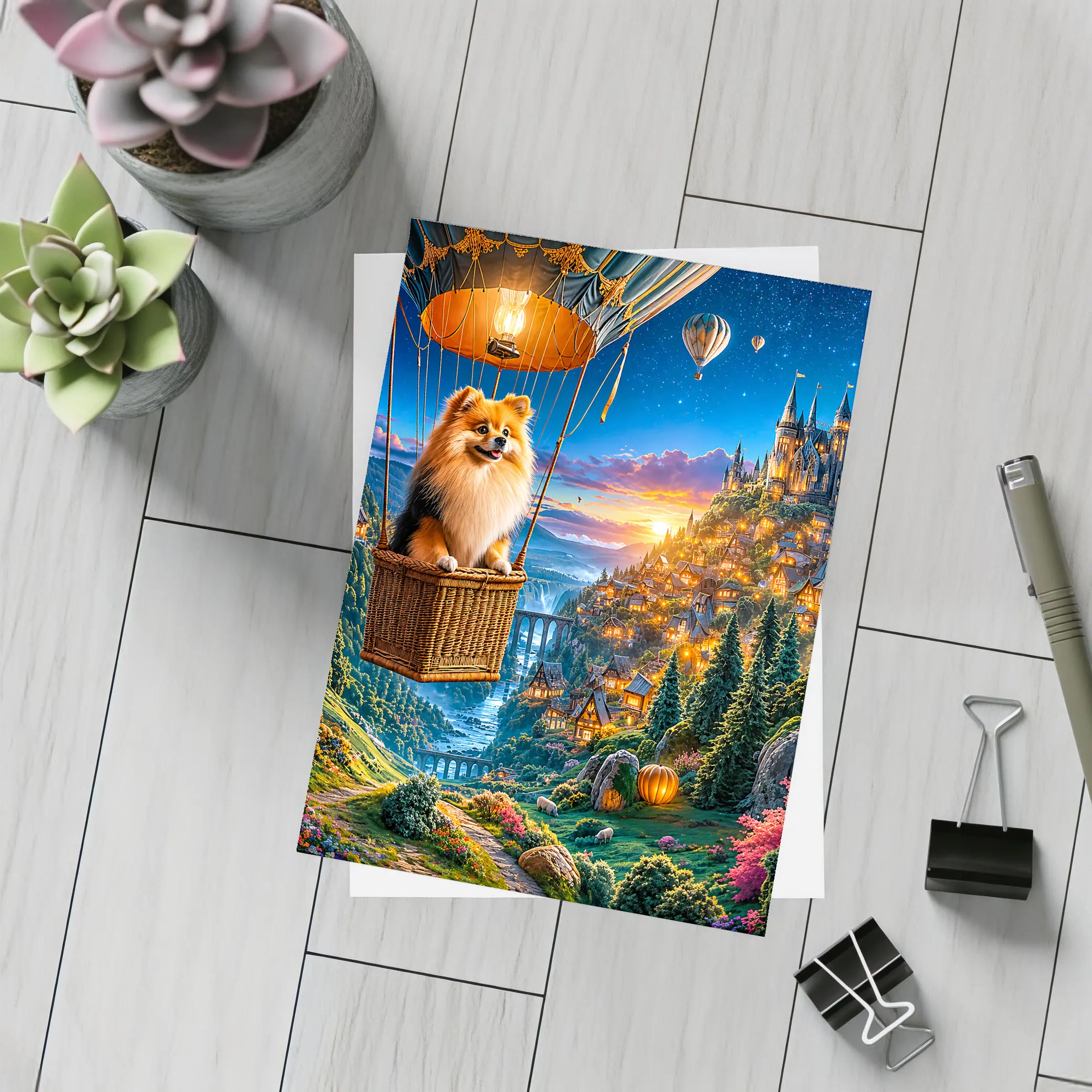 Pomeranian Dog Hot Air Balloon Fantasy Castle – Postcards