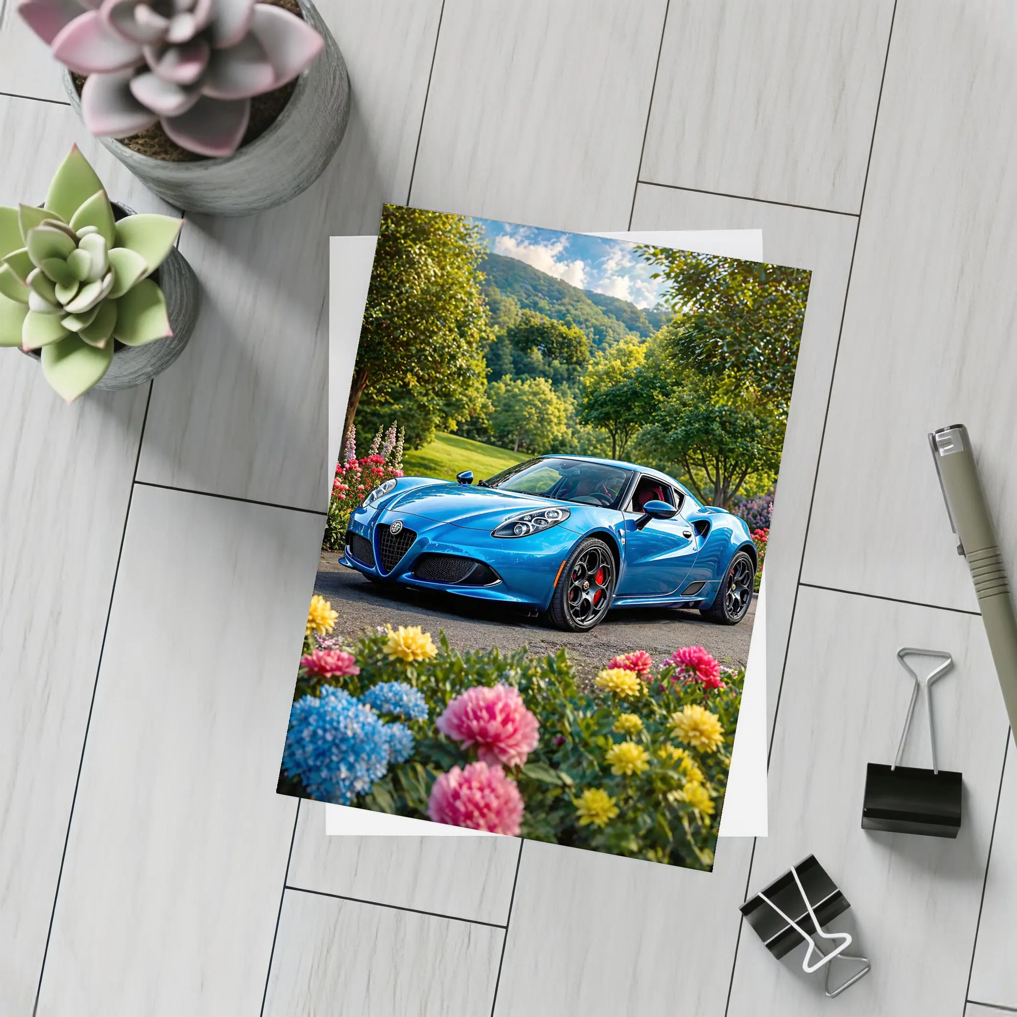 Alfa Romeo 4C Blue Garden Floral Setting – Postcards