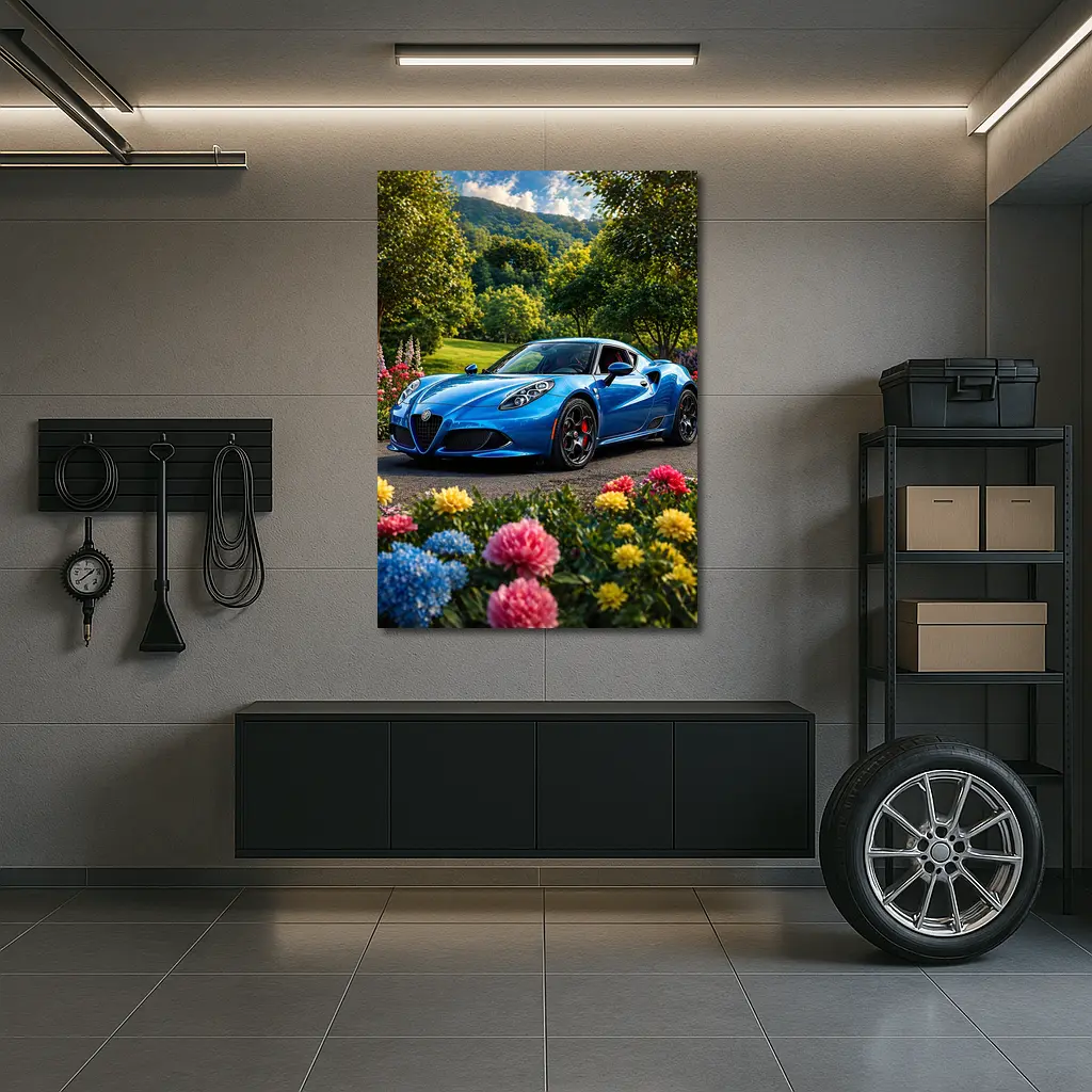 Alfa Romeo 4C Blue Garden Floral Setting – Wall Art