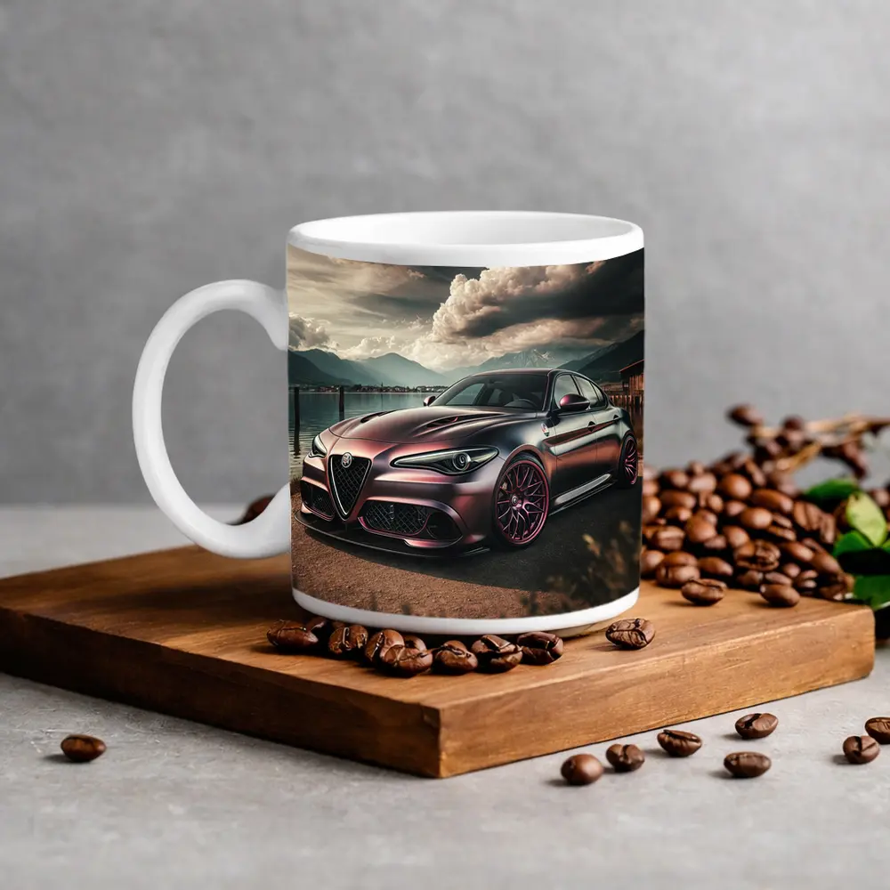 Alfa Romeo Giulia Dark Lake Mountain Scene – Mugs