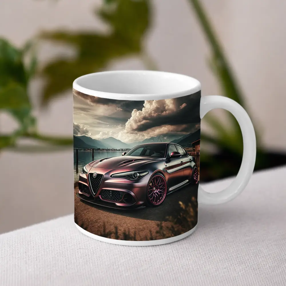 Alfa Romeo Giulia Dark Lake Mountain Scene – Mugs