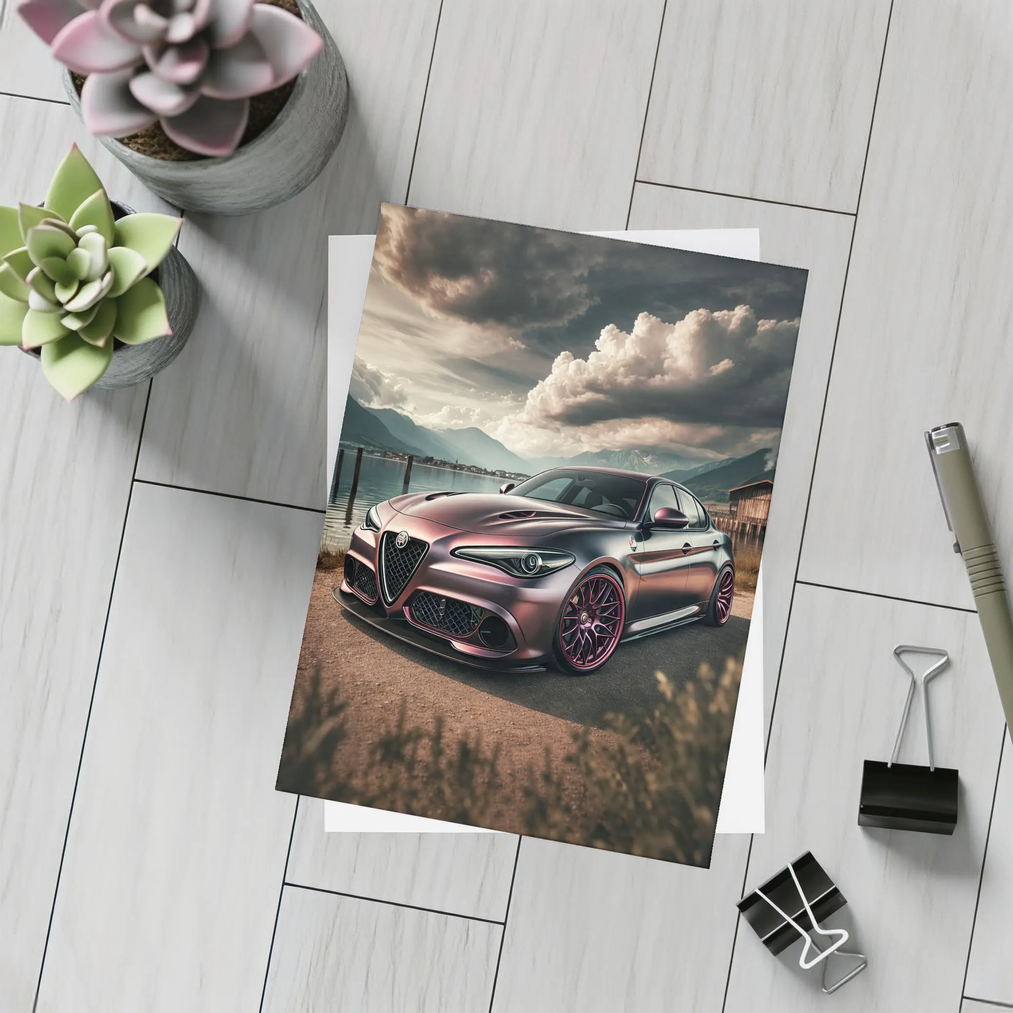 Alfa Romeo Giulia Dark Lake Mountain Scene – Postcards