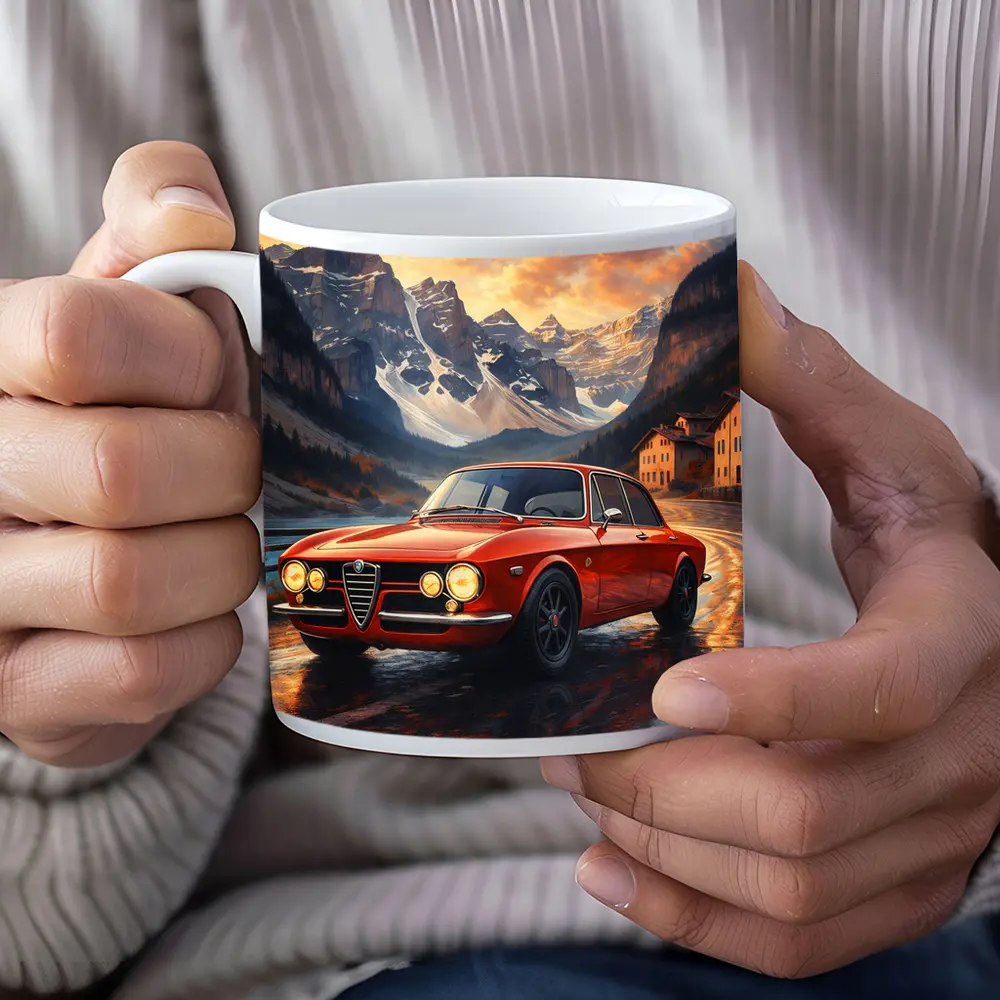 Alfa Romeo Giulia Red Mountain Sunset Scene – Mugs