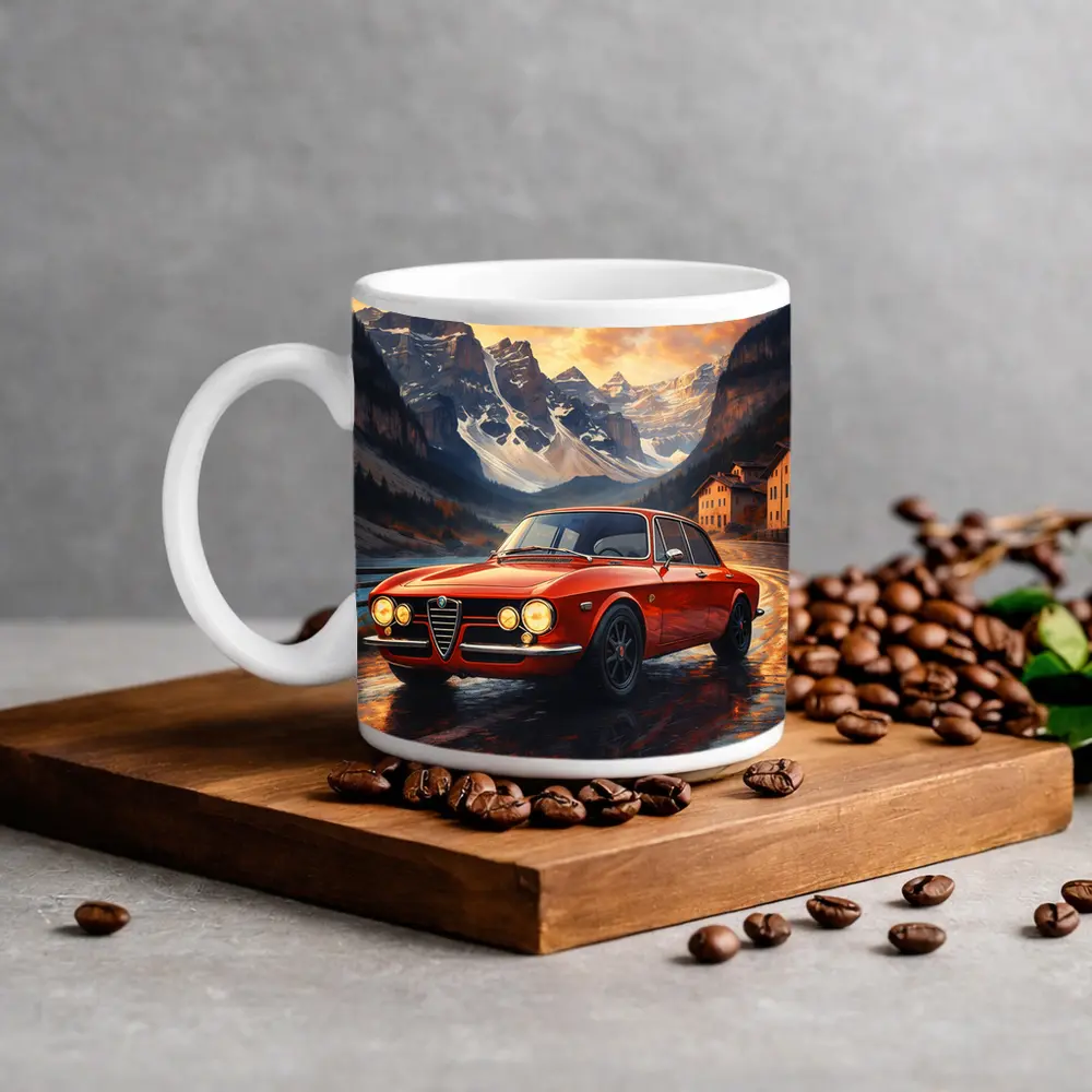 Alfa Romeo Giulia Red Mountain Sunset Scene – Mugs