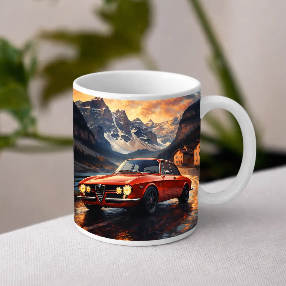 Alfa Romeo Giulia Red Mountain Sunset Scene – Mugs