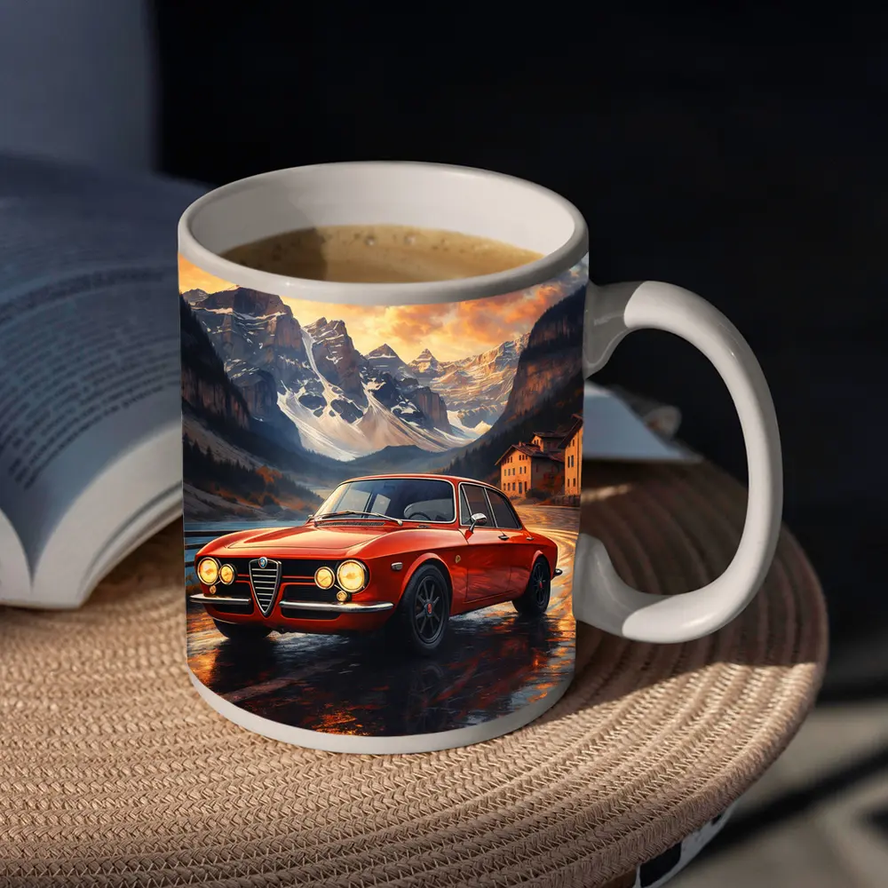 Alfa Romeo Giulia Red Mountain Sunset Scene – Mugs