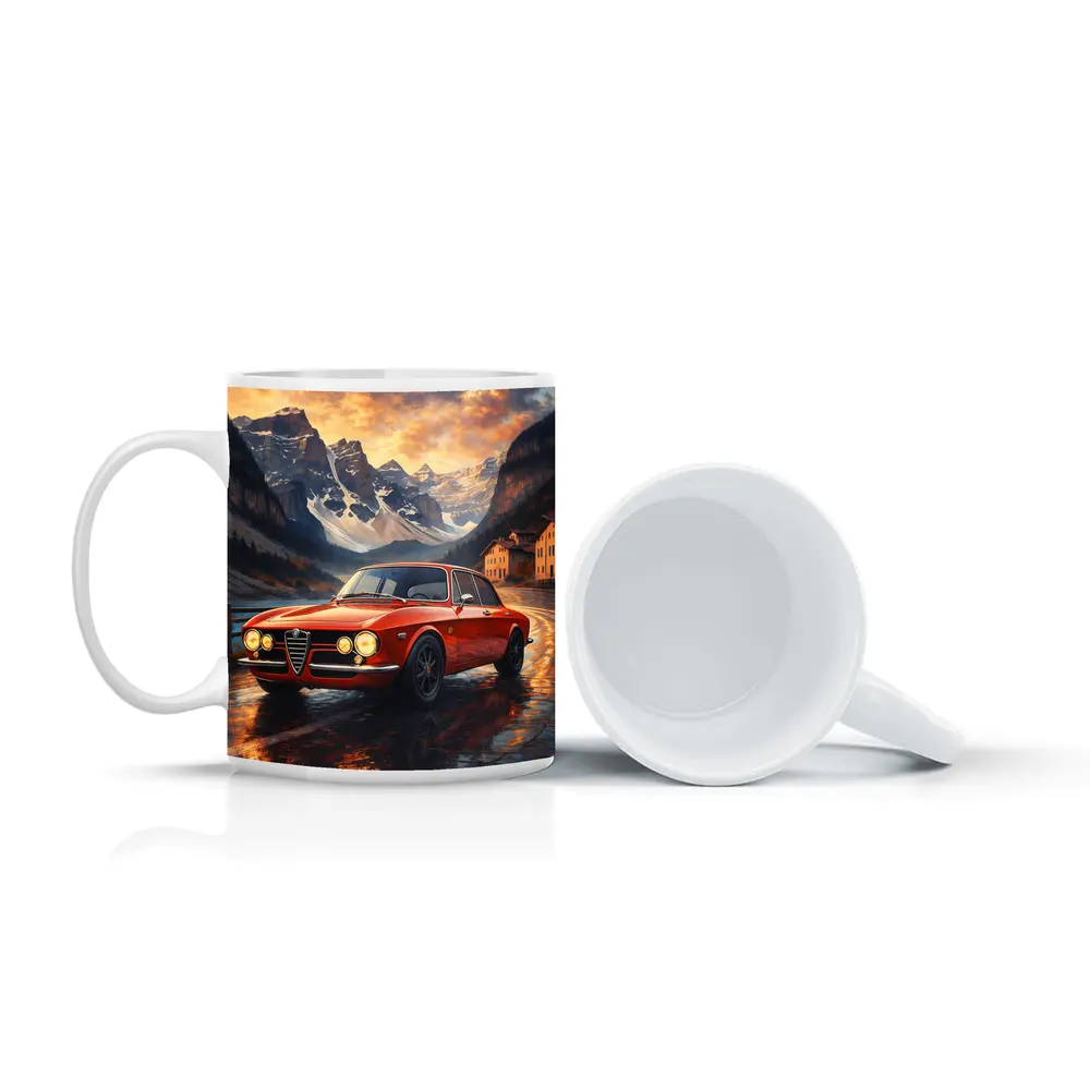 Alfa Romeo Giulia Red Mountain Sunset Scene – Mugs