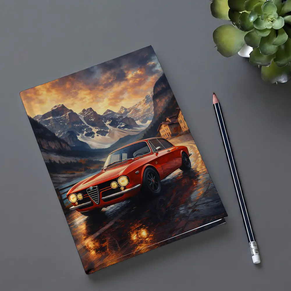 Alfa Romeo Giulia Red Mountain Sunset Scene – Notebooks