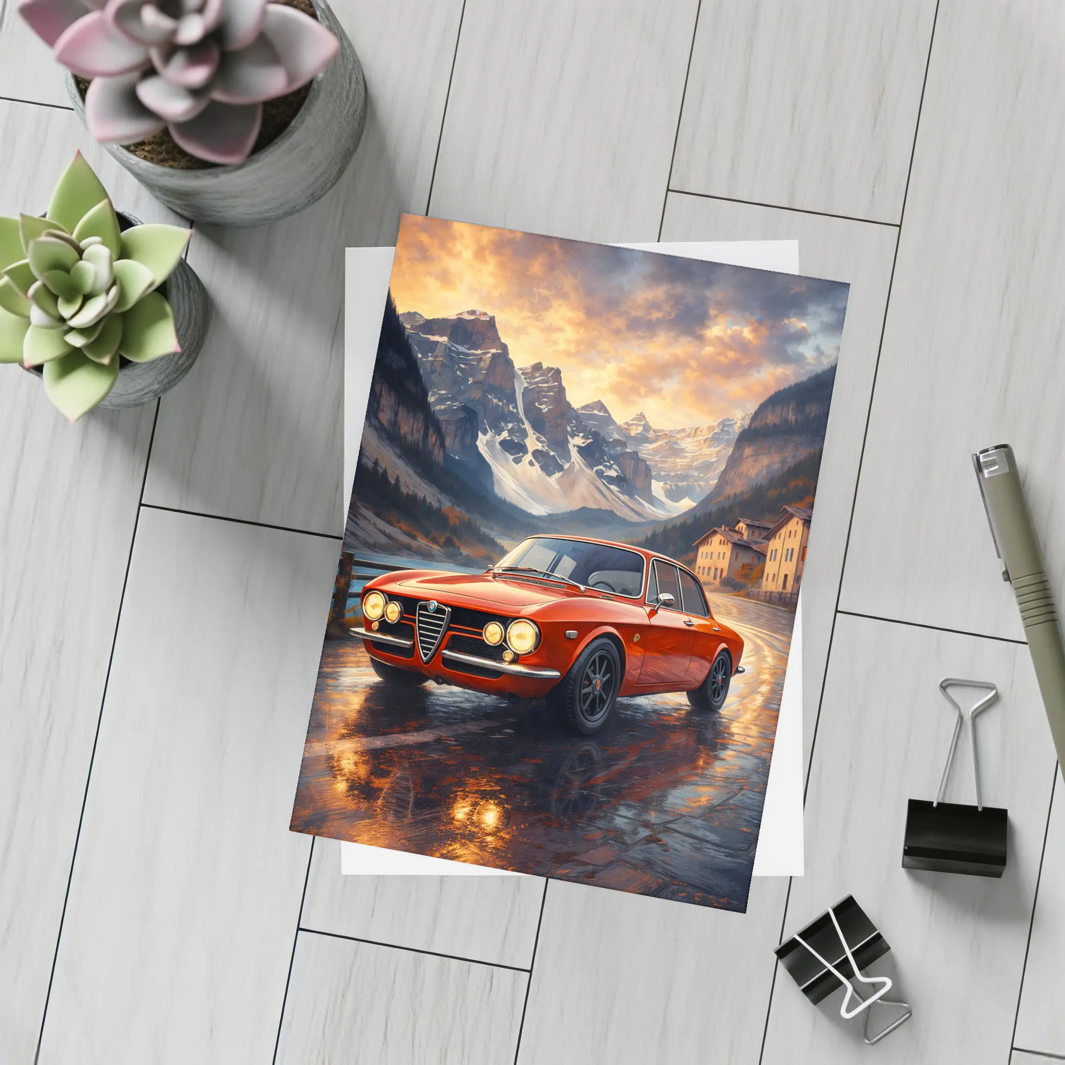 Alfa Romeo Giulia Red Mountain Sunset Scene – Postcards