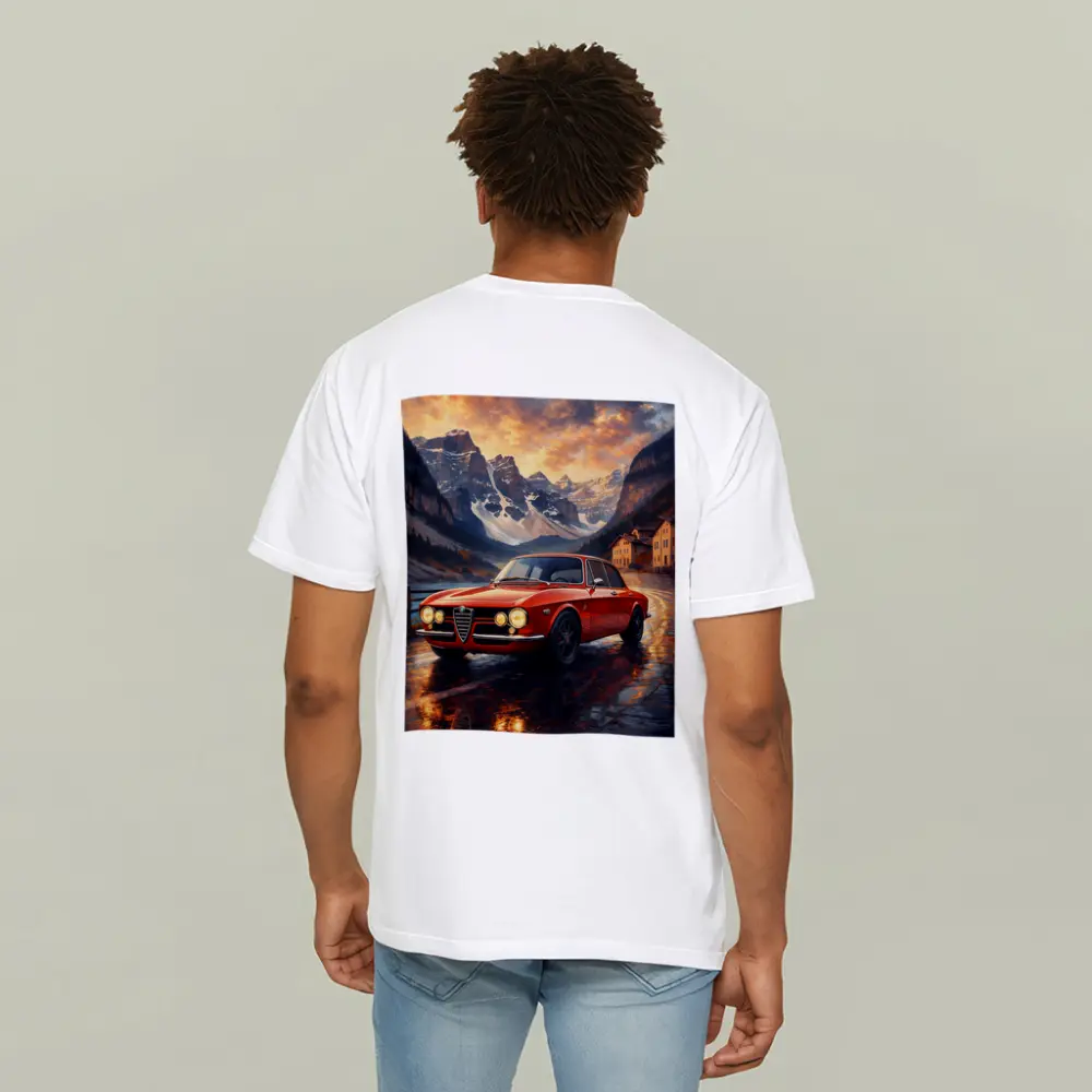 Alfa Romeo Giulia Red Mountain Sunset Scene – T-Shirts