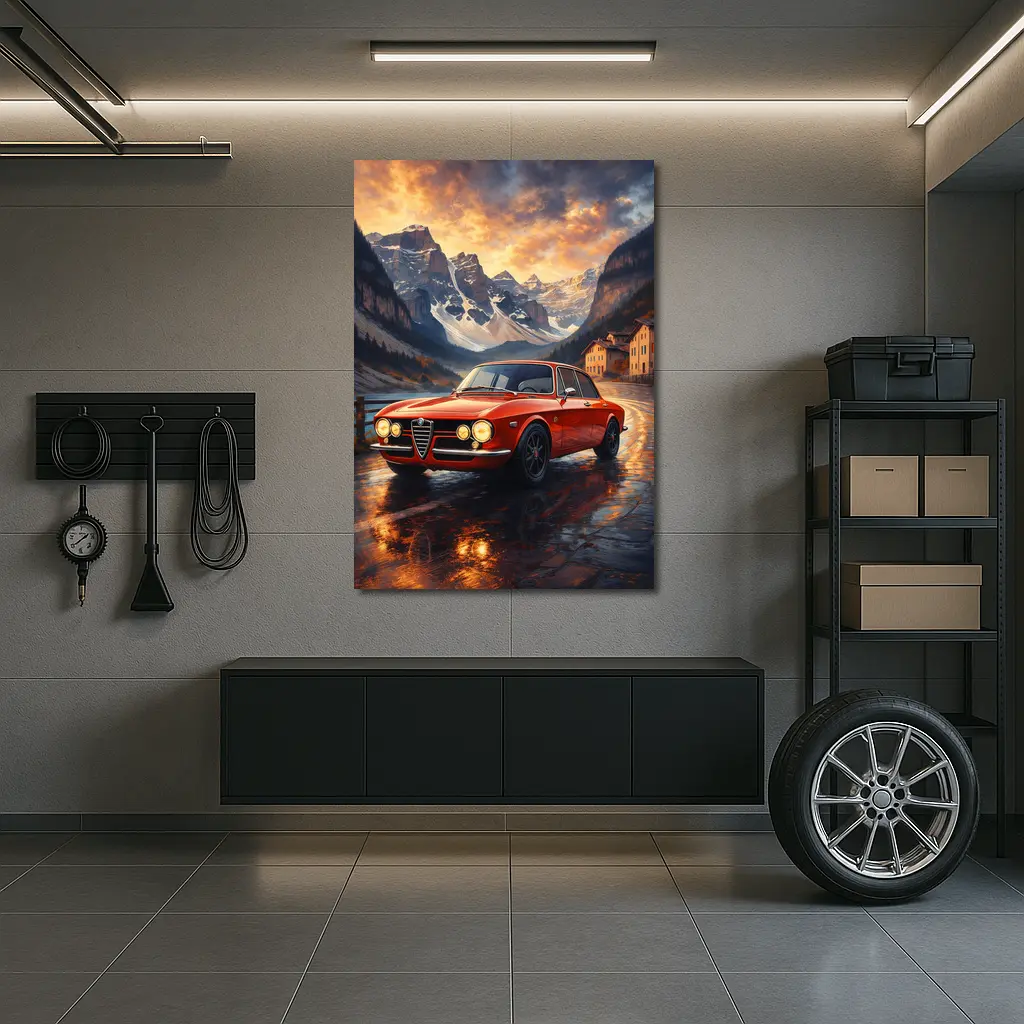 Alfa Romeo Giulia Red Mountain Sunset Scene – Wall Art