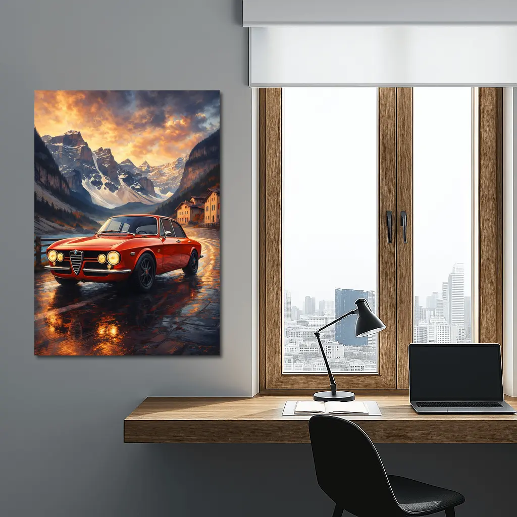 Alfa Romeo Giulia Red Mountain Sunset Scene – Wall Art