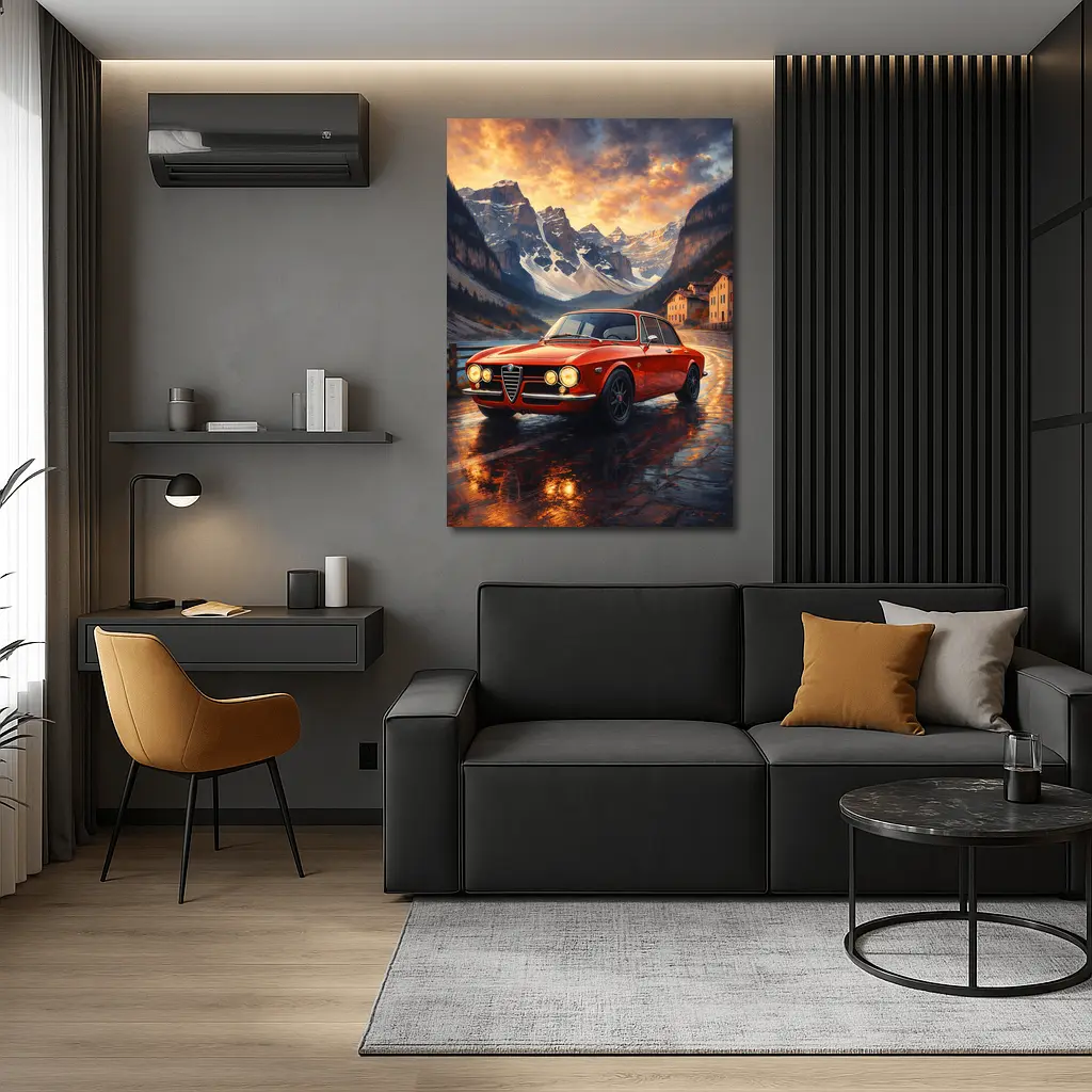 Alfa Romeo Giulia Red Mountain Sunset Scene – Wall Art