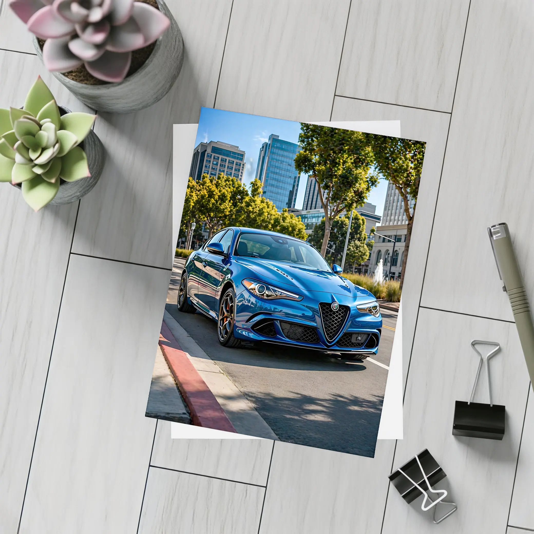 Alfa Romeo Giulia Blue City Street Shot – Postcards