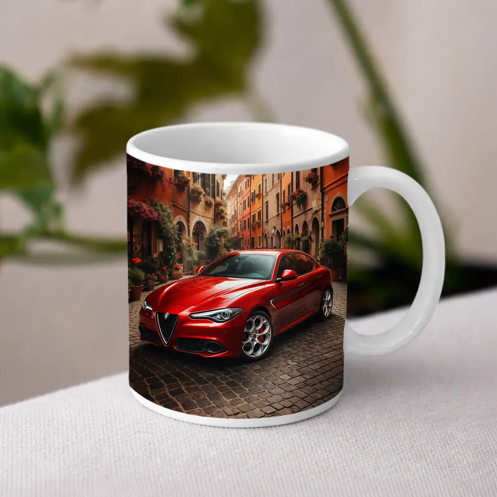 Alfa Romeo Giulia Red Italian Cobblestone Street – Mugs